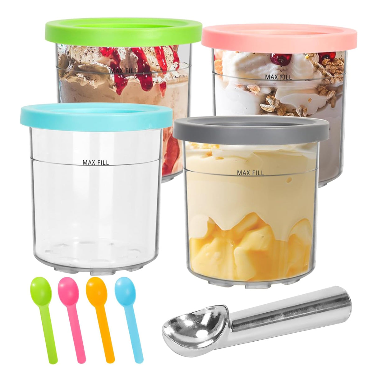 HASTHIP 4Pcs 16Oz Ice Cream Tubs Compatible with Ninja CREAMi Ice Cream Maker NC300, NC299AM Ice Cream Tubs Ice Cream Pints with Lids for Ninja Ice Cream Maker, with 4 Color Spoons & Ice Cream Scoop HASTHIP 4Pcs 16Oz Ice Cream Tubs Compatible with Ninja CREAMi Ice Cream Maker NC300, NC299AM Ice Cream Tubs Ice Cream Pints with Lids for Ninja Ice Cream Maker, with 4 Color Spoons & Ice Cream Scoop